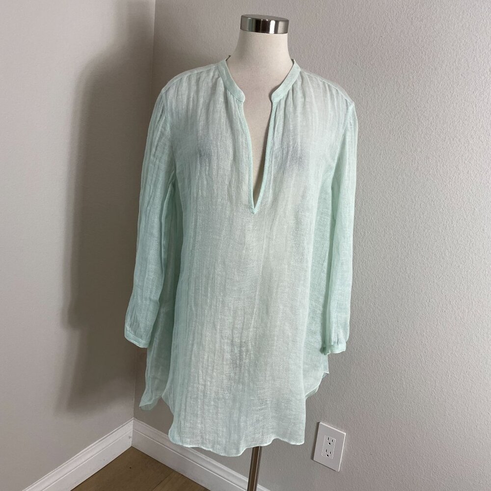 Eileen‎ Fisher Womens Medium Mandarin Collar Tunic Top Organic Linen Aurora